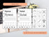 Printable word-worksheet pages shown on a desk with a laptop, pen, and succulent. The pages include headings like 'Hyena' and 'Hotel' with writing lines, blank boxes, and a grid of black-and-white icons for placing on the worksheets.