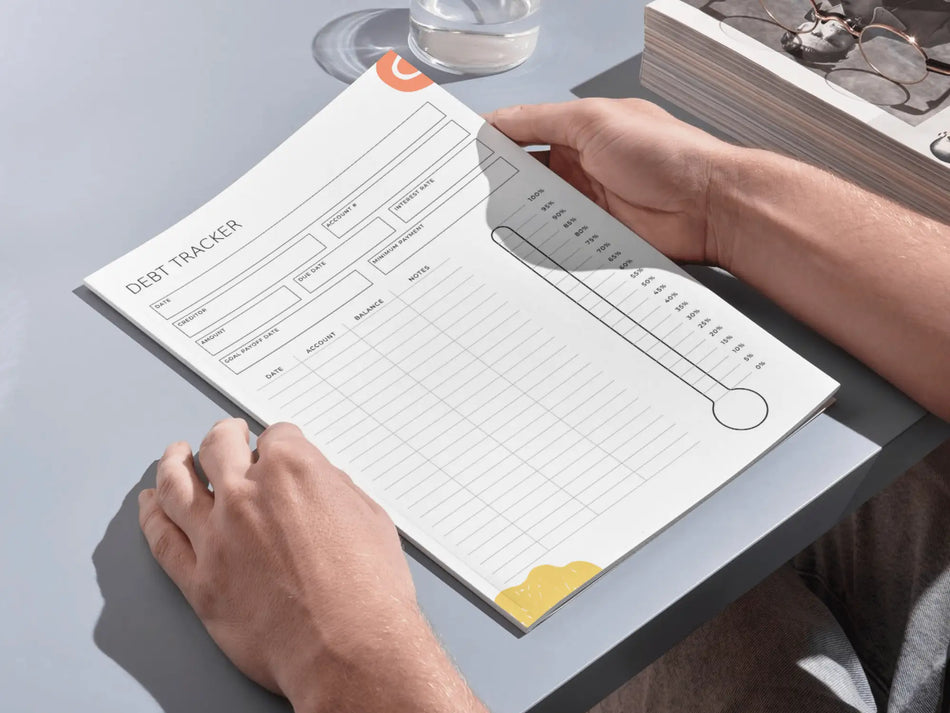 Person using a (debt tracker) on a desk with a glass of water and sunglasses in the background.