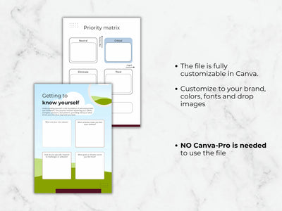 Two customizable templates on a marble surface with text about Canva customization.