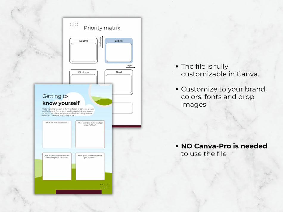 Two customizable templates on a marble surface with text about Canva customization.