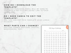 A help graphic answering common questions about downloading the PDF, using Canva for edits, and the ability to change photos, backgrounds, and text within the template.