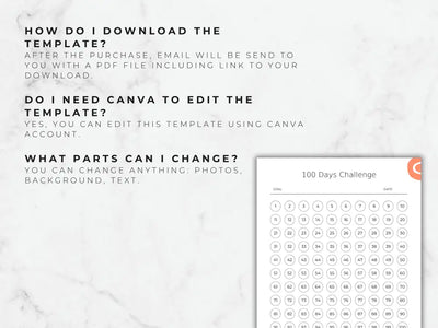 A help graphic answering common questions about downloading the PDF, using Canva for edits, and the ability to change photos, backgrounds, and text within the template.