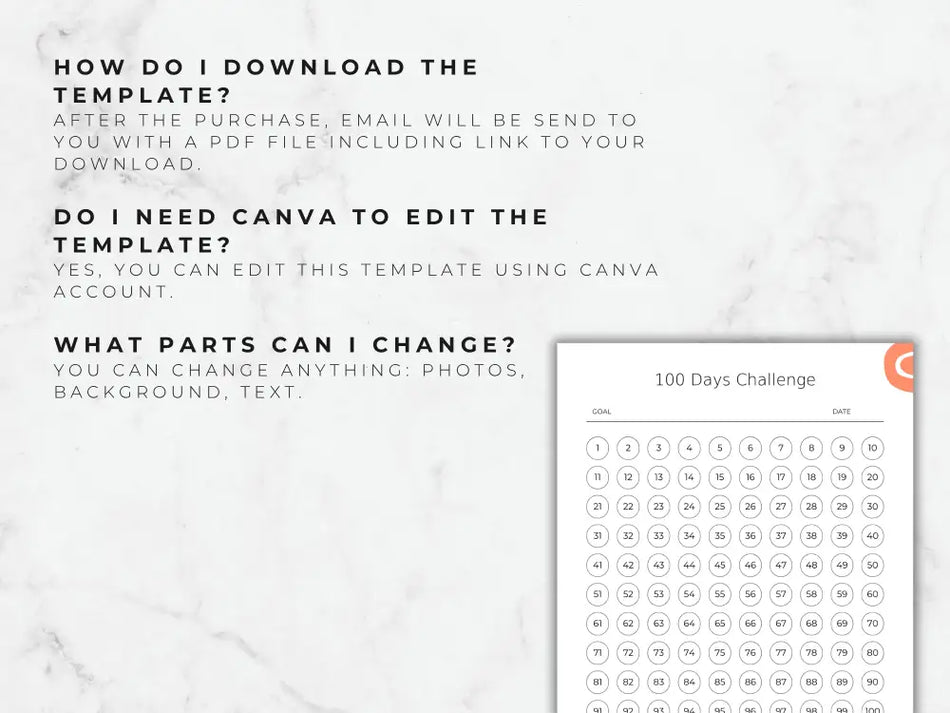 A help graphic answering common questions about downloading the PDF, using Canva for edits, and the ability to change photos, backgrounds, and text within the template.