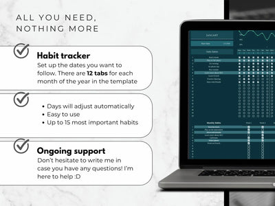 Laptop displaying a habit tracker app with text on a white background