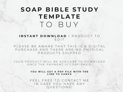 Text on a marble background describing a soap bible study template for digital download.