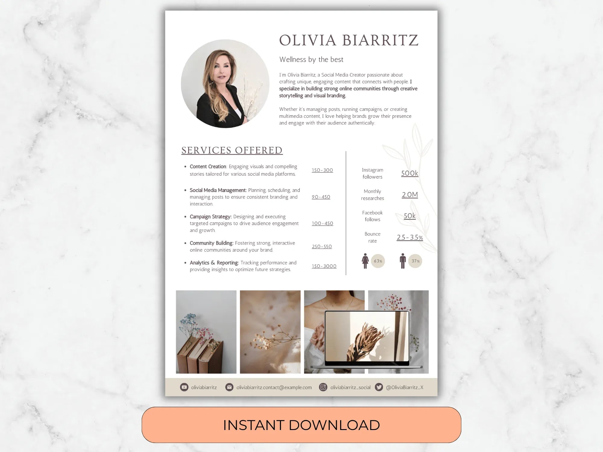 Resume template with a photo of a woman on a marble background