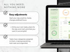 Laptop displaying a task management app with text about easy adjustments and task organization.