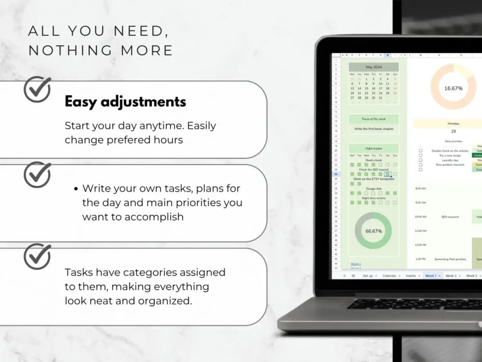 Laptop displaying a task management app with text about easy adjustments and task organization.