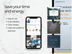 Phone displaying a website with text about saving time and energy, and tax tips on a white background.