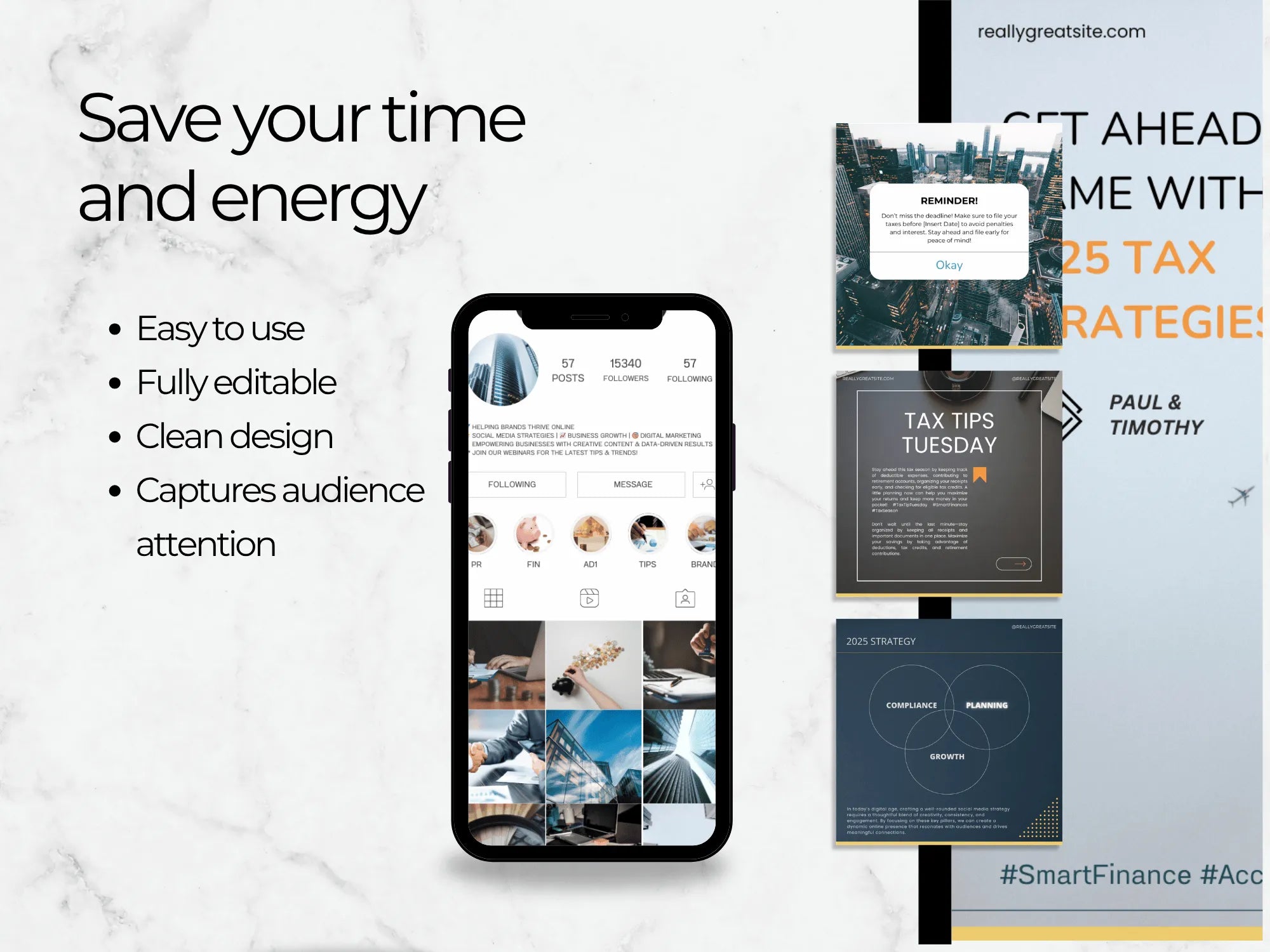 Phone displaying a website with text about saving time and energy, and tax tips on a white background.