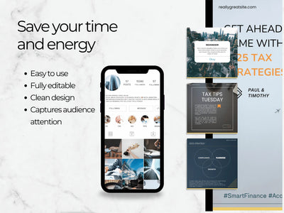 Phone displaying a website with text about saving time and energy, and tax tips on a white background.