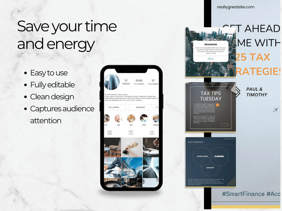 Phone displaying a website with text about saving time and energy, and tax tips on a white background.