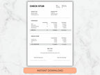 Check stub template on a marble background with 'Instant Download' button.