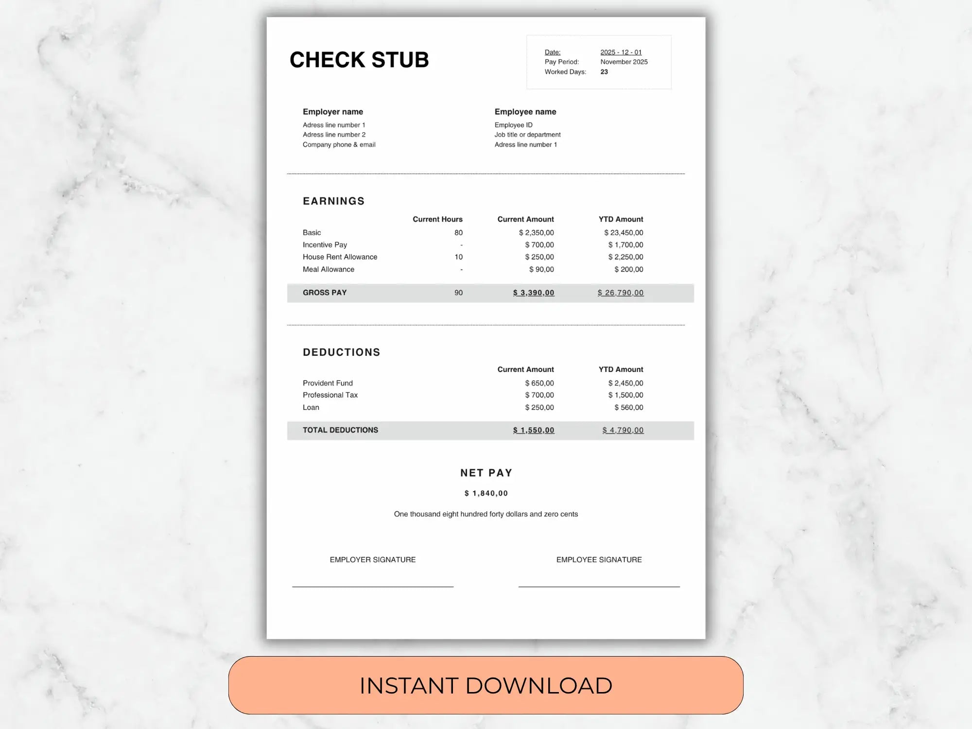 Check stub template on a marble background with 'Instant Download' button.