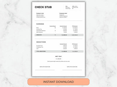 Check stub template on a marble background with 'Instant Download' button.