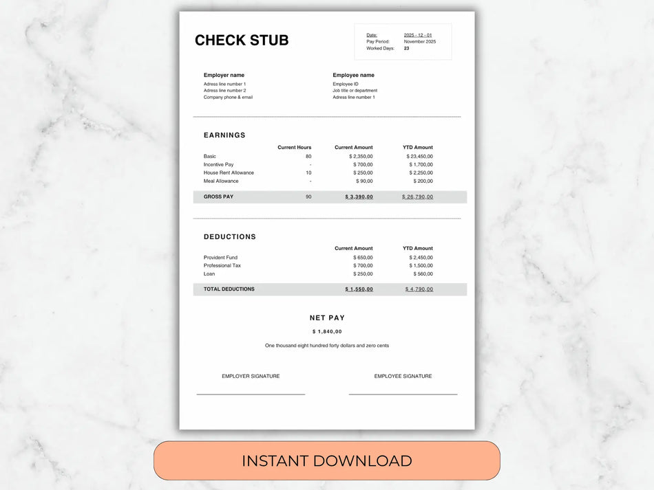 Check stub template on a marble background with 'Instant Download' button.