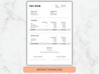 Pay stub template on a marble background with an 'Instant Download' button.