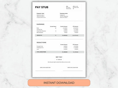 Pay stub template on a marble background with an 'Instant Download' button.