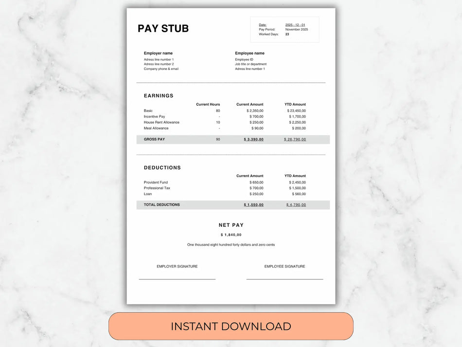 Pay stub template on a marble background with an 'Instant Download' button.
