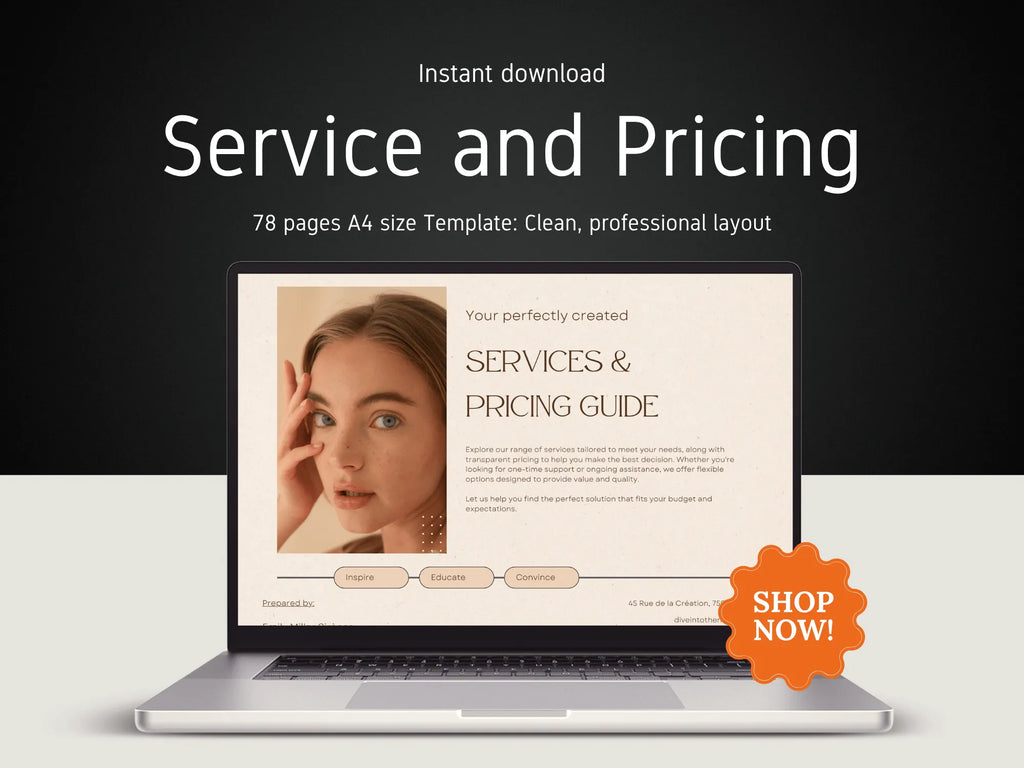 Laptop displaying a 'Services & Pricing Guide' template with a 'Shop Now!' button on a dark background.