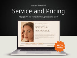 Laptop displaying a 'Services & Pricing Guide' template with a 'Shop Now!' button on a dark background.
