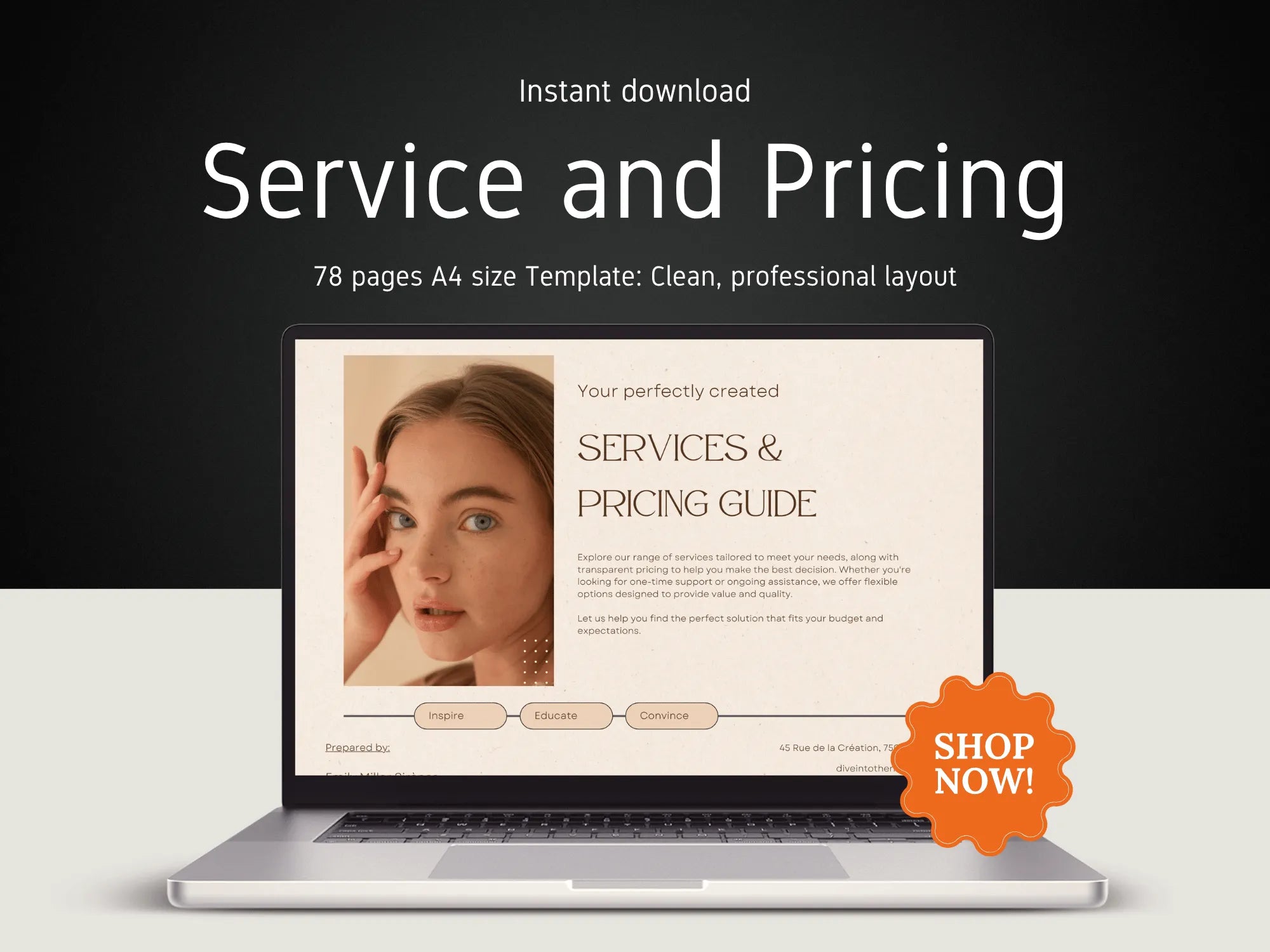 Laptop displaying a 'Services & Pricing Guide' template with a 'Shop Now!' button on a dark background.