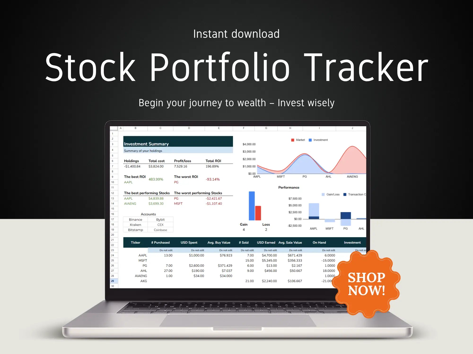 Laptop displaying a stock portfolio tracker with 'Shop Now!' button on a dark background