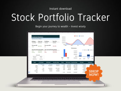 Laptop displaying a stock portfolio tracker with 'Shop Now!' button on a dark background