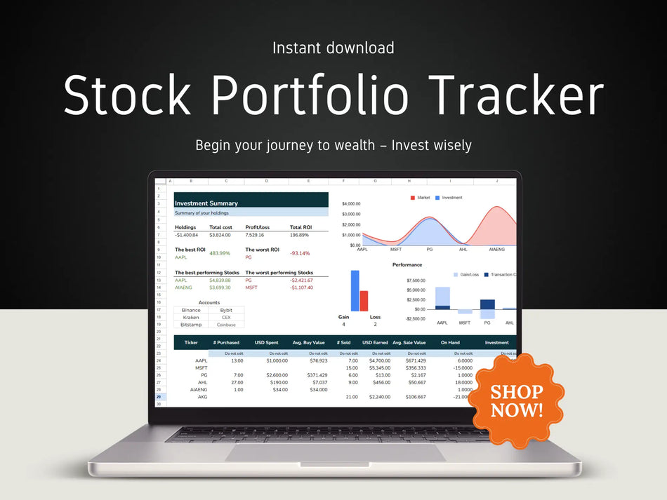 Laptop displaying a stock portfolio tracker with 'Shop Now!' button on a dark background