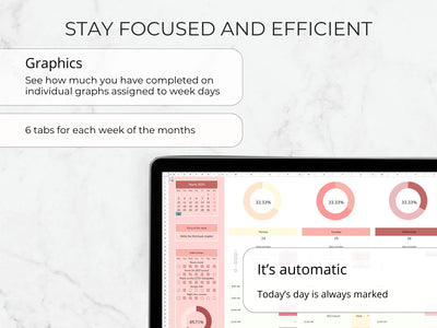 Screen of a digital planner app with graphs and statistics on a white marble background