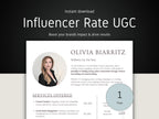 Influencer rate UGC document with a profile picture and services offered on a dark background