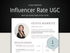 Influencer rate UGC document with a profile picture and services offered on a dark background