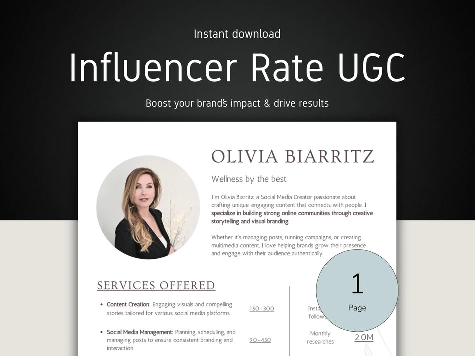 Influencer rate UGC document with a profile picture and services offered on a dark background