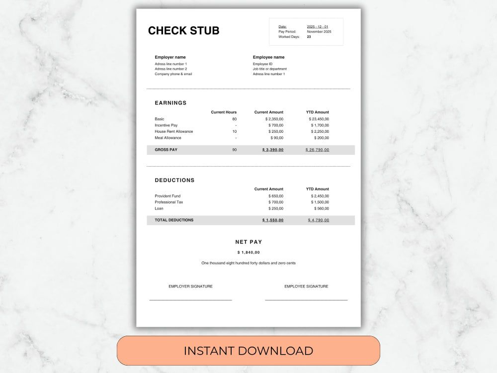 Check stub template on a marble background with an 'Instant Download' button.