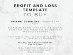 Text on a marble background about a profit and loss template for digital download.