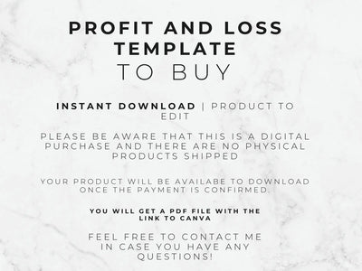 Text on a marble background about a profit and loss template for digital download.