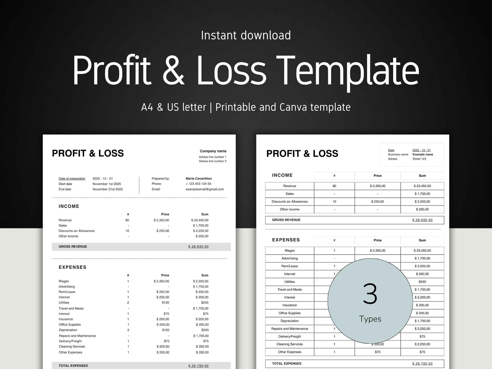 Profit and loss template with two versions on a black background