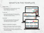 Gantt chart, to-do list, calendar, and team/customer trackers on a white background with text explaining each feature.