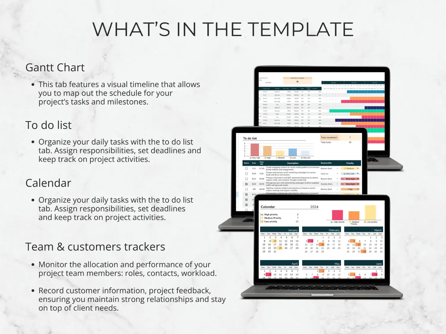 Gantt chart, to-do list, calendar, and team/customer trackers on a white background with text explaining each feature.