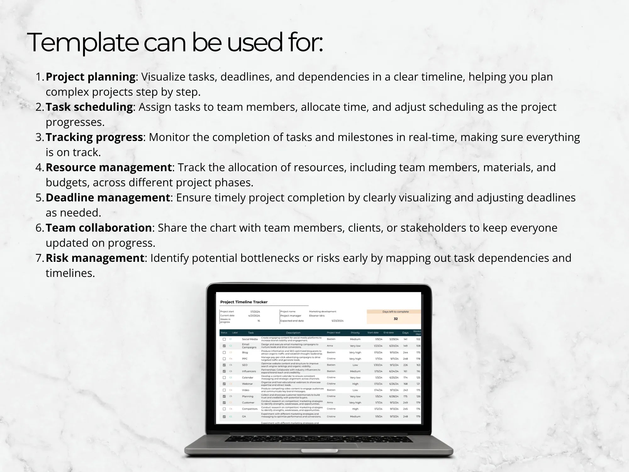 Laptop displaying a project management template on a light gray background