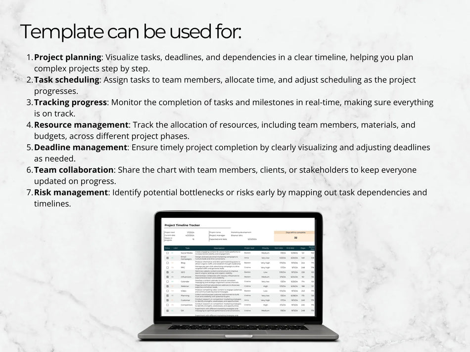 Laptop displaying a project management template on a light gray background
