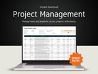 Laptop displaying a project management software with a 'Shop Now!' button on a dark background