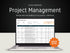 Laptop displaying a project management software with a 'Shop Now!' button on a dark background