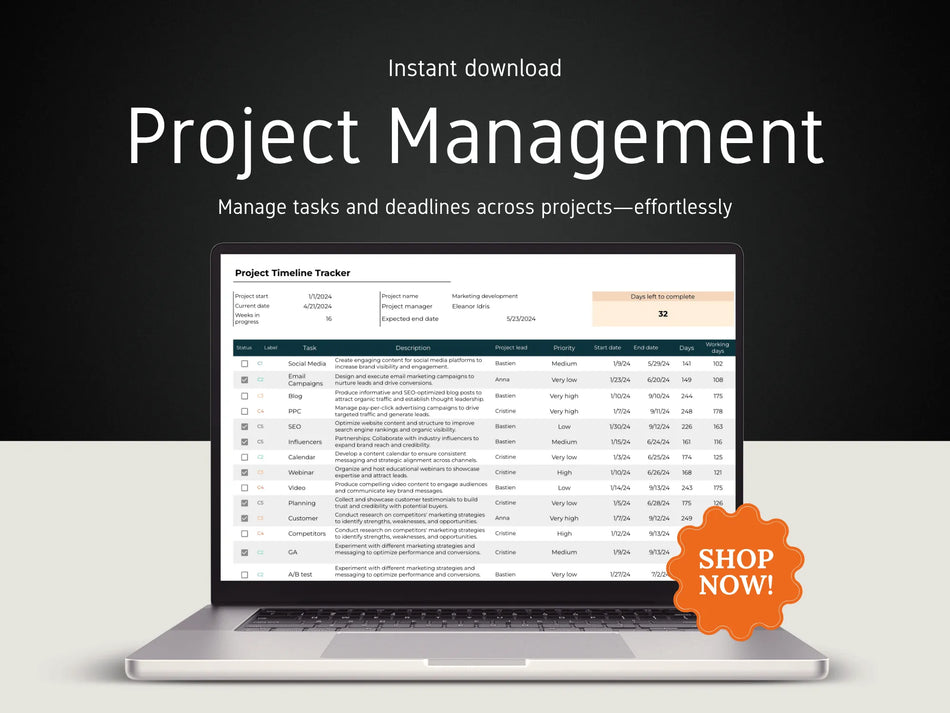 Laptop displaying a project management software with a 'Shop Now!' button on a dark background