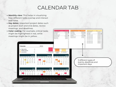 Calendar tab on a laptop screen with text explaining its features.