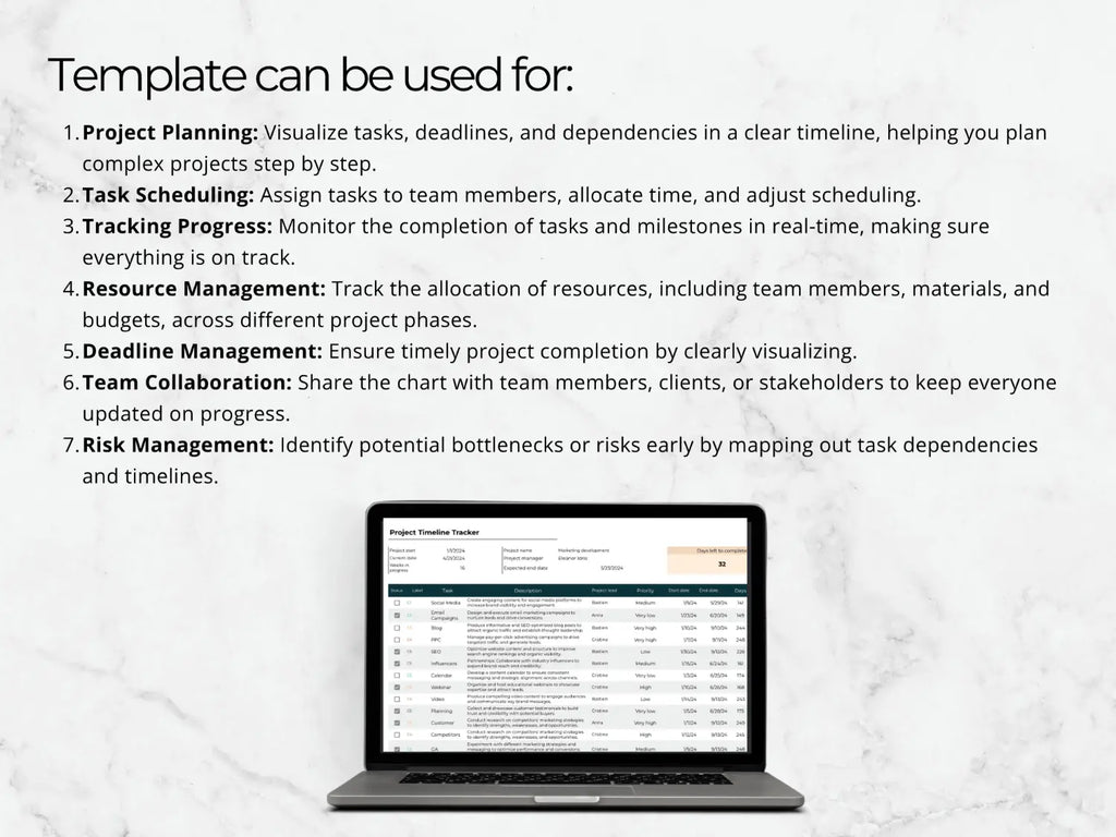 Laptop displaying a project management template with text explaining its uses.
