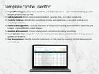 Laptop displaying a project management template with text explaining its uses.