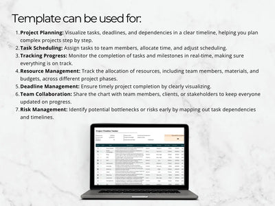 Laptop displaying a project management template with text explaining its uses.