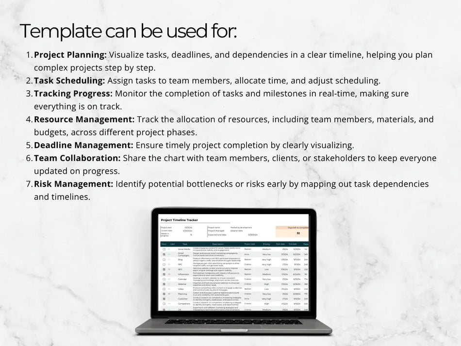 Laptop displaying a project management template with text explaining its uses.