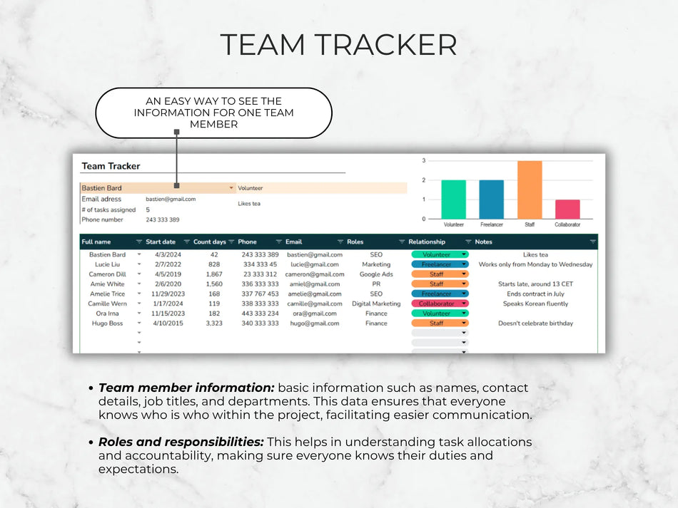 Team Tracker software interface on a light gray background